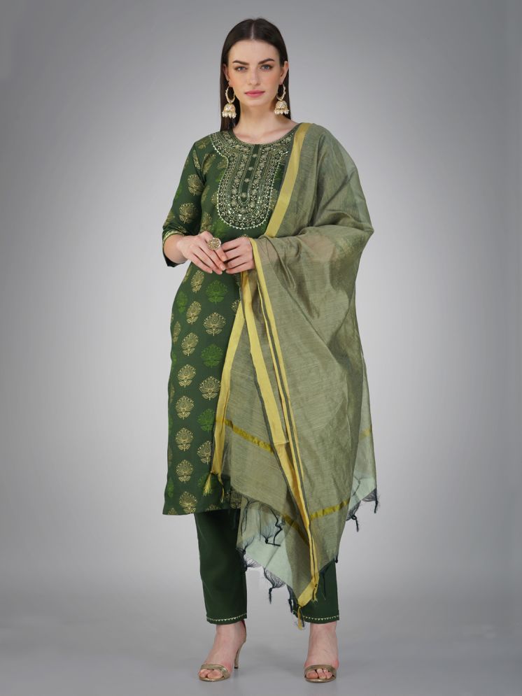     			SILK SUTRA Cotton Blend Printed Kurti With Pants Women's Stitched Salwar Suit - Dark Green ( Pack of 1 )