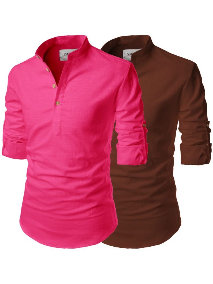     			UNI VIBE Dark Pink Cotton Blend Men's Shirt Style Kurta ( Pack of 2 )