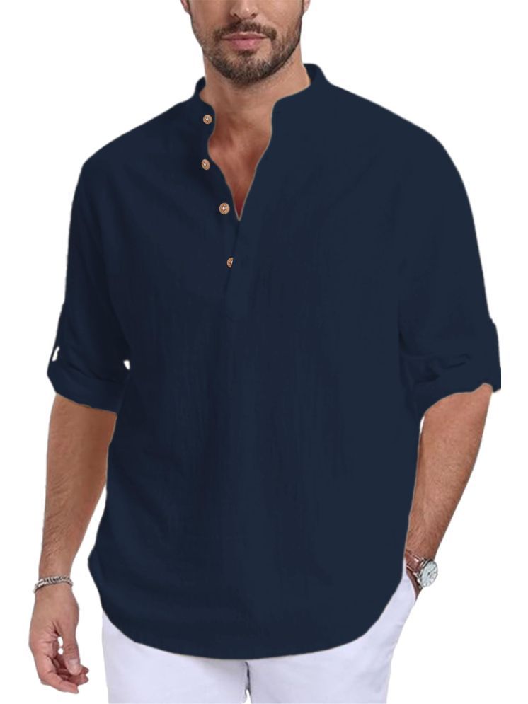     			UNI VIBE Navy Blue Cotton Men's Shirt Style Kurta ( Pack of 1 )