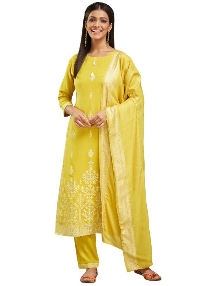     			Aika Chanderi Printed Kurti With Pants Women's Stitched Salwar Suit - Yellow ( Pack of 1 )