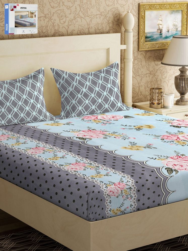     			Klotthe Poly Cotton Floral 1 Double with 2 Pillow Covers - Blue