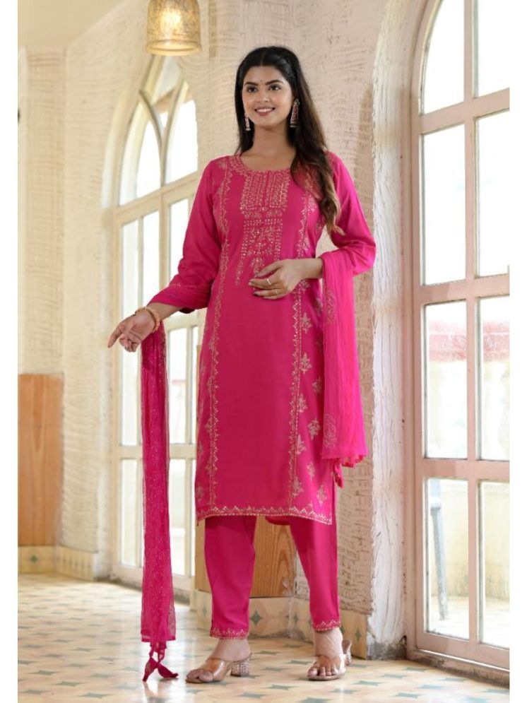     			Label Flavia Cotton Blend Embroidered Kurti With Pants Women's Stitched Salwar Suit - Pink ( Pack of 1 )