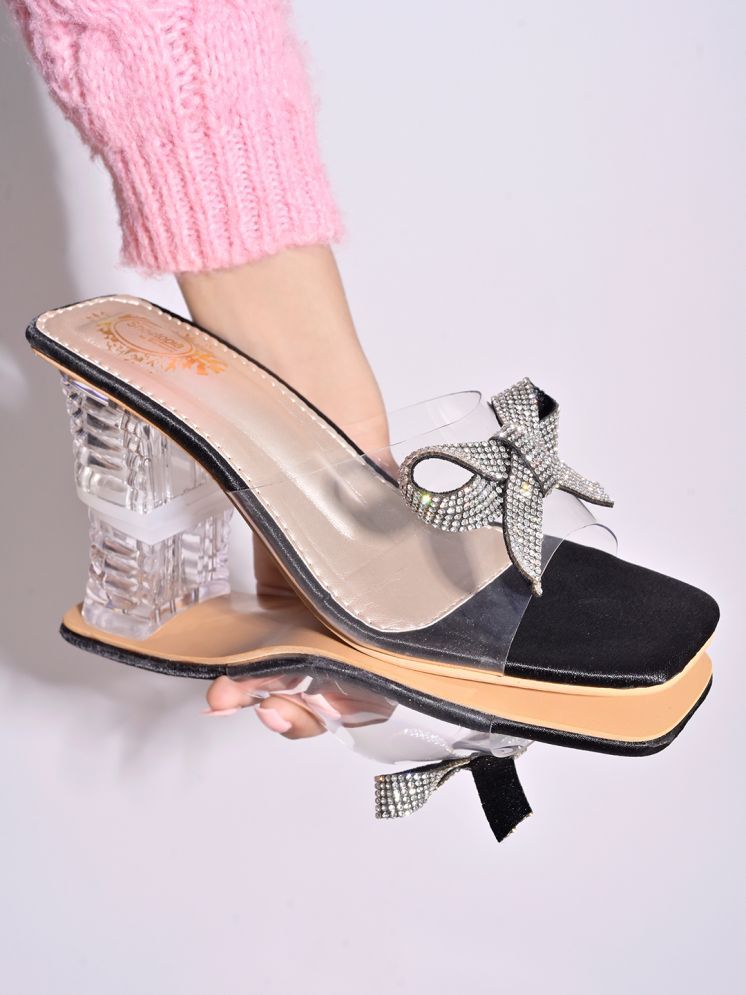     			Shoetopia Embellished Front Bow Black Heels For Girls