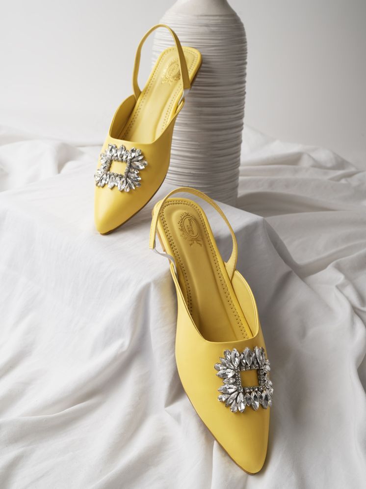     			Shoetopia Embellished Front Studded Buckle Yellow Mules for Girls