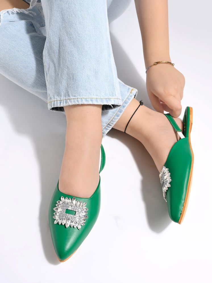     			Shoetopia Embellished Front Studded Buckle Green Mules for Girls