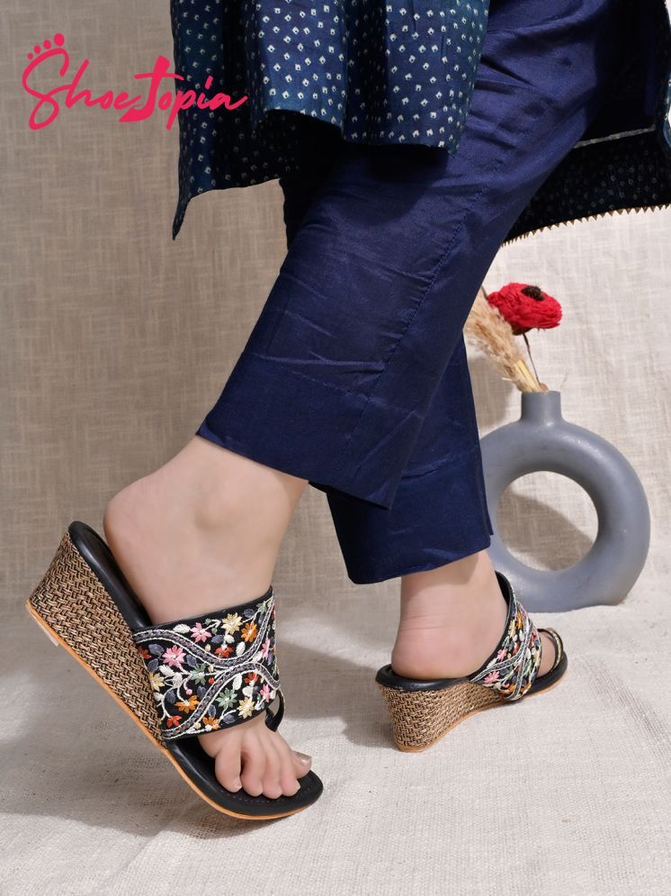     			Shoetopia Ethnic Embroidered Black Wedges For Girls