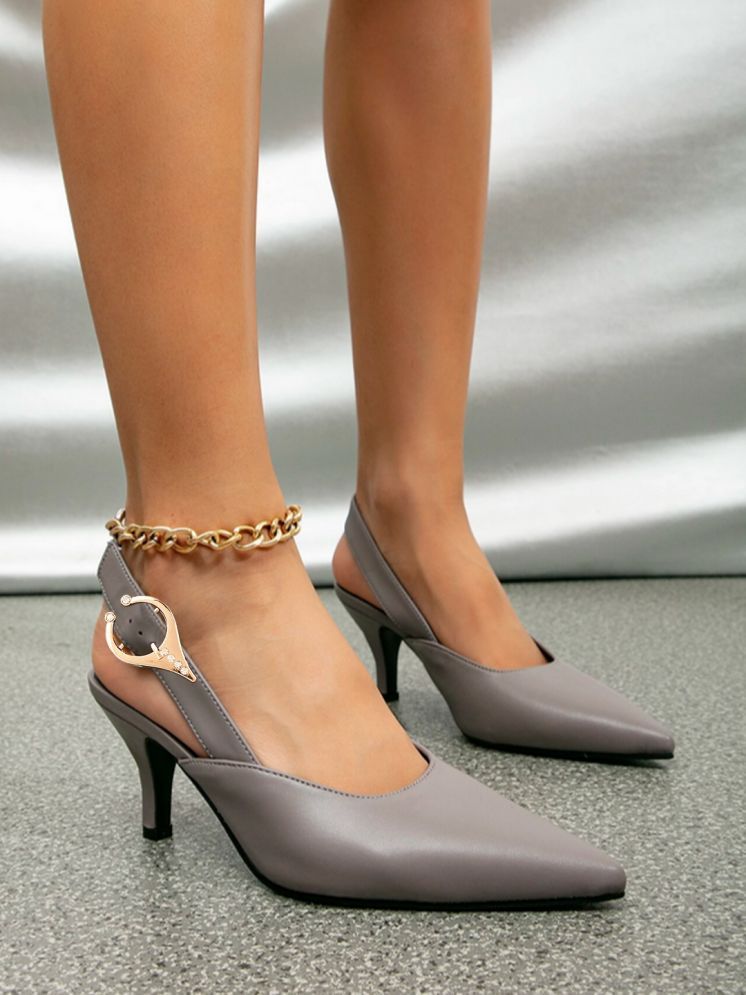     			Shoetopia Grey Pointed Toe Pumps Buckle Closure For Girls