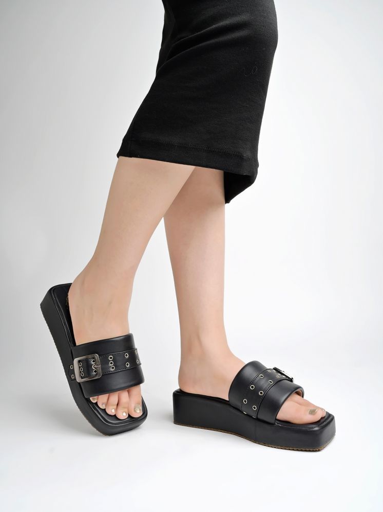     			Shoetopia Upper Buckle Detailed Black Wedge Heels For Girls