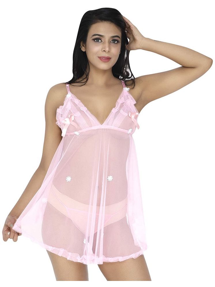     			Celosia Light Pink Net Women's Nightwear Baby Doll Dresses With Panty ( Pack of 1 )