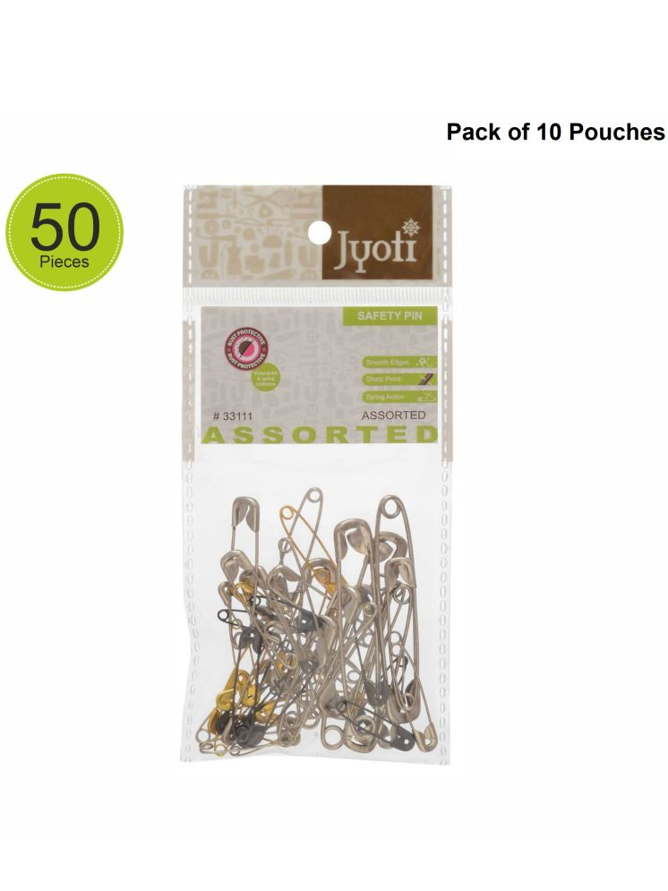     			Jyoti 33111 Safety Pins - Strong Nickel Plated Steel, Rust Resistant, Heavy Duty Variety Pack, Perfect for Clothes, Crafts, Sewing, Pinning (50 Assorted Finish Pins in a Pouch) - Pack of 10 Pouches