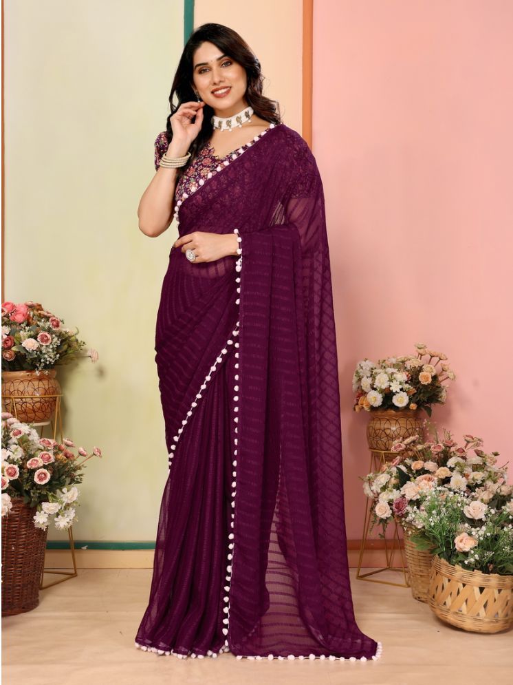     			KSNDV Trendz Georgette Striped Saree With Blouse Piece - Purple ( Pack of 1 )