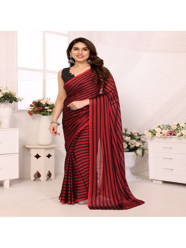     			KSNDV Trendz Georgette Striped Saree With Blouse Piece - Red ( Pack of 1 )