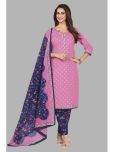 shree jeenmata collection Cotton Printed Kurti With Pants Women's Stitched Salwar Suit - Pink ( Pack of 1 )