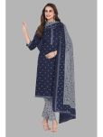 shree jeenmata collection Cotton Printed Kurti With Pants Women's Stitched Salwar Suit - Blue ( Pack of 1 )