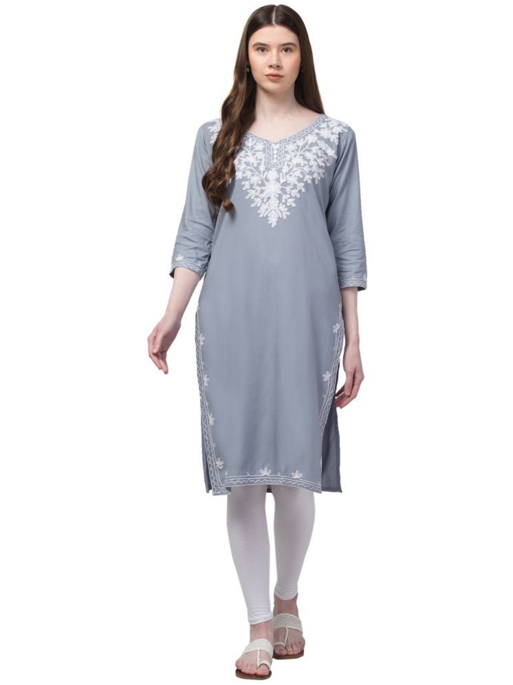     			Aura Glam Rayon Embroidered Straight Women's Kurti - Grey ( Pack of 1 )