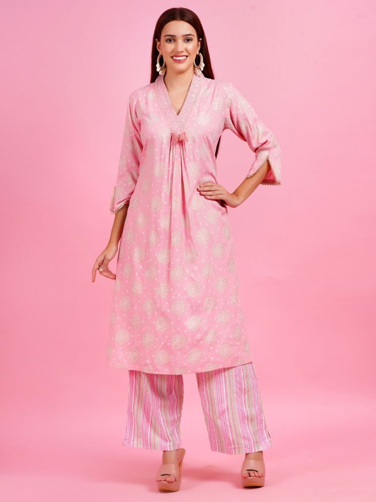     			HIGHLIGHT FASHION EXPORT Rayon Printed Kurti With Palazzo Women's Stitched Salwar Suit - Pink ( Pack of 1 )