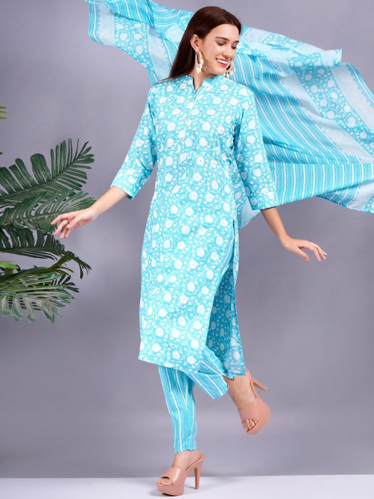     			JC4U Cotton Printed Kurti With Pants Women's Stitched Salwar Suit - Light Blue ( Pack of 1 )