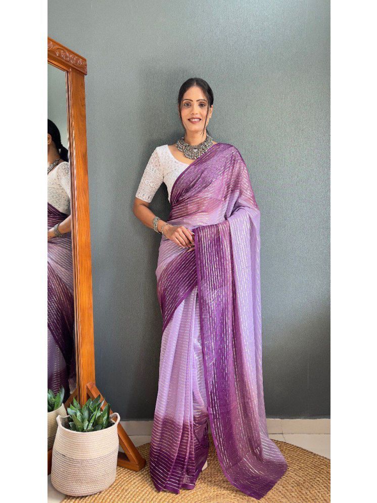     			Lady Shopi Chiffon Striped Saree With Blouse Piece - Purple ( Pack of 1 )