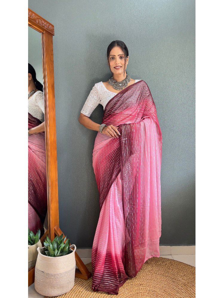     			Lady Shopi Chiffon Striped Saree With Blouse Piece - Pink ( Pack of 1 )