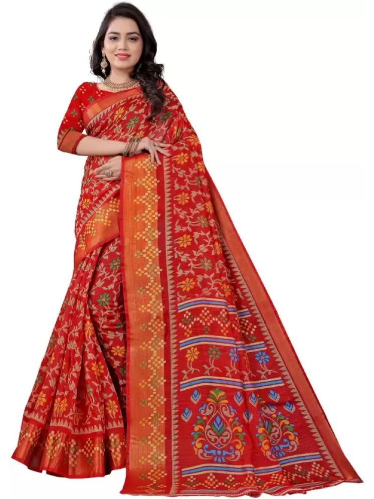     			Samai Cotton Silk Printed Saree With Blouse Piece - Red ( Pack of 1 )