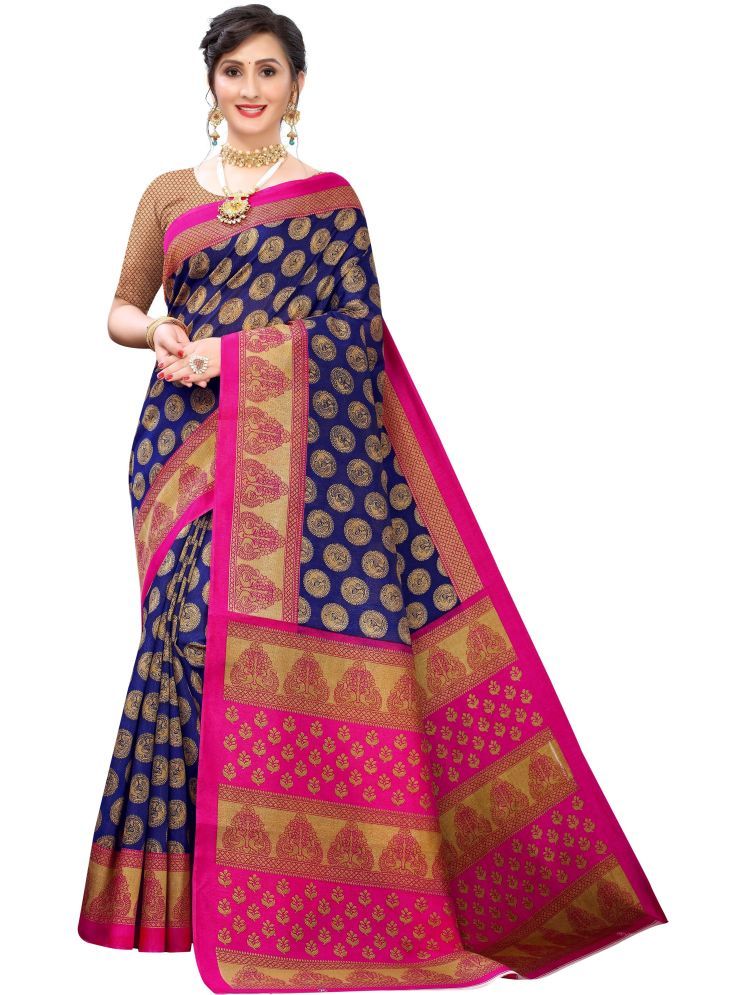     			Samai Cotton Silk Printed Saree With Blouse Piece - Navy Blue ( Pack of 1 )