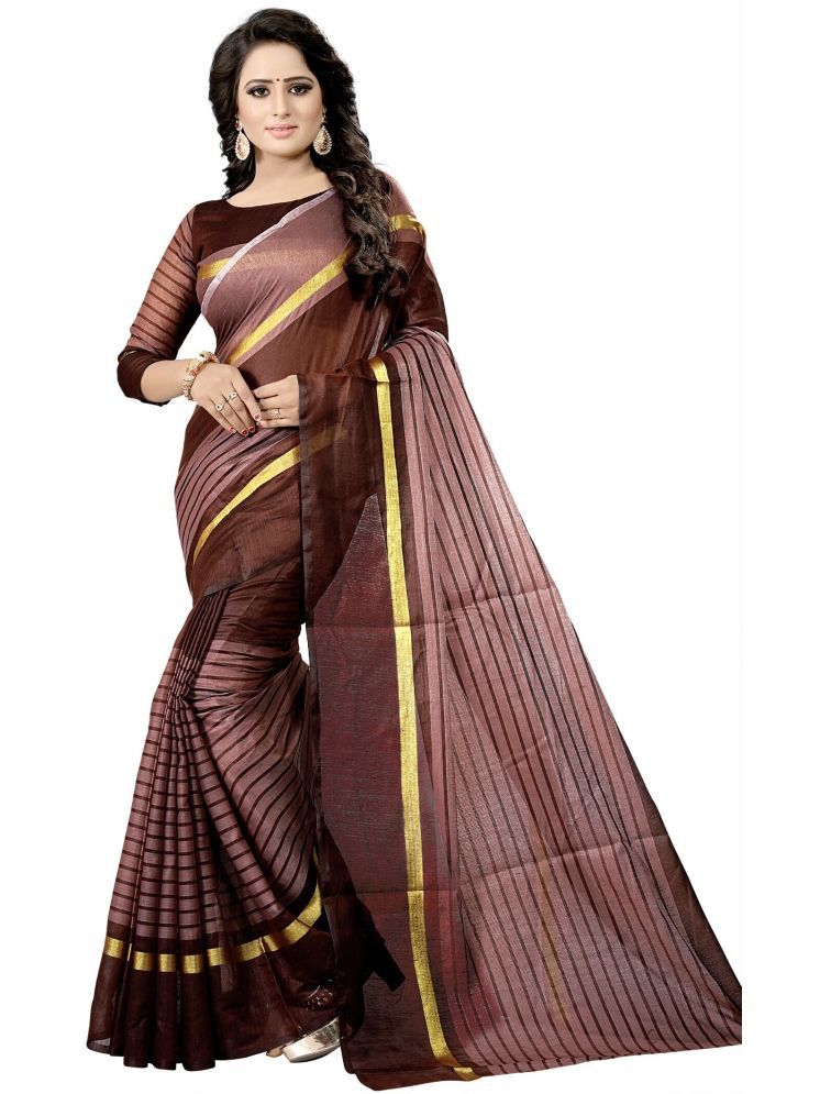     			Samai Cotton Silk Striped Saree With Blouse Piece - Brown ( Pack of 1 )