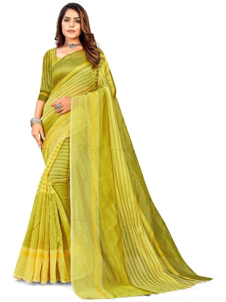     			Samai Cotton Silk Striped Saree With Blouse Piece - Yellow ( Pack of 1 )