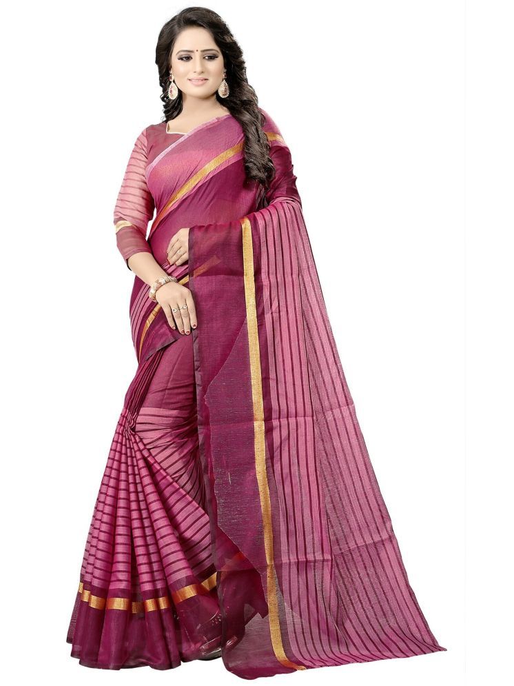     			Samai Cotton Silk Striped Saree With Blouse Piece - Pink ( Pack of 1 )