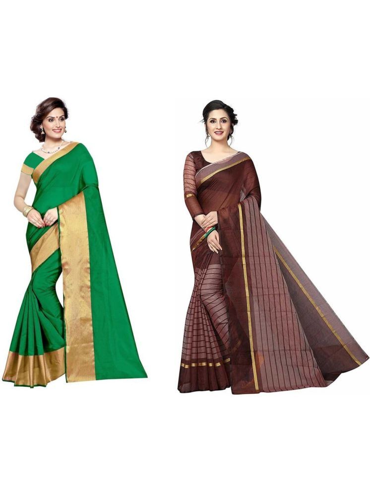     			Samai Cotton Silk Striped Saree With Blouse Piece - Multicolor9 ( Pack of 2 )