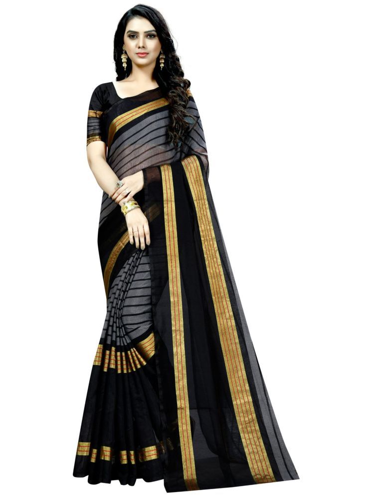     			Samai Cotton Silk Striped Saree With Blouse Piece - Black ( Pack of 1 )