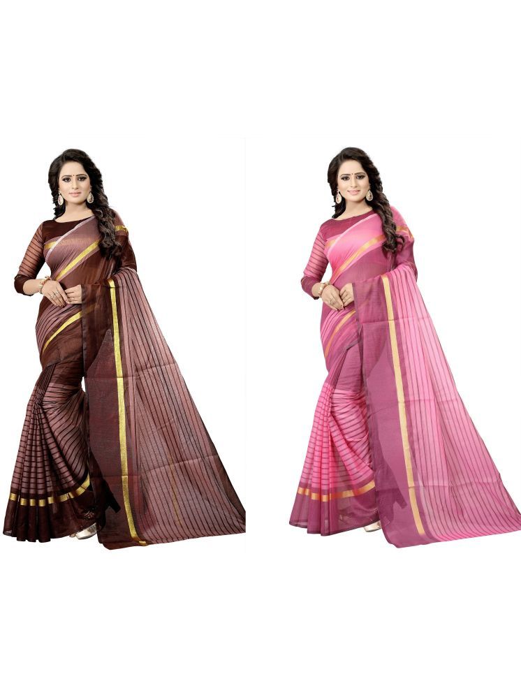     			Samai Cotton Silk Striped Saree With Blouse Piece - Multicolor1 ( Pack of 2 )