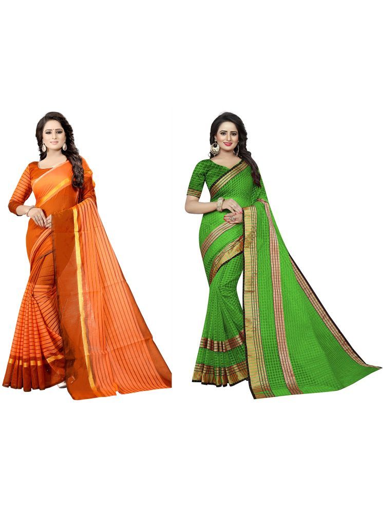     			Samai Cotton Silk Striped Saree With Blouse Piece - Multicolor2 ( Pack of 2 )