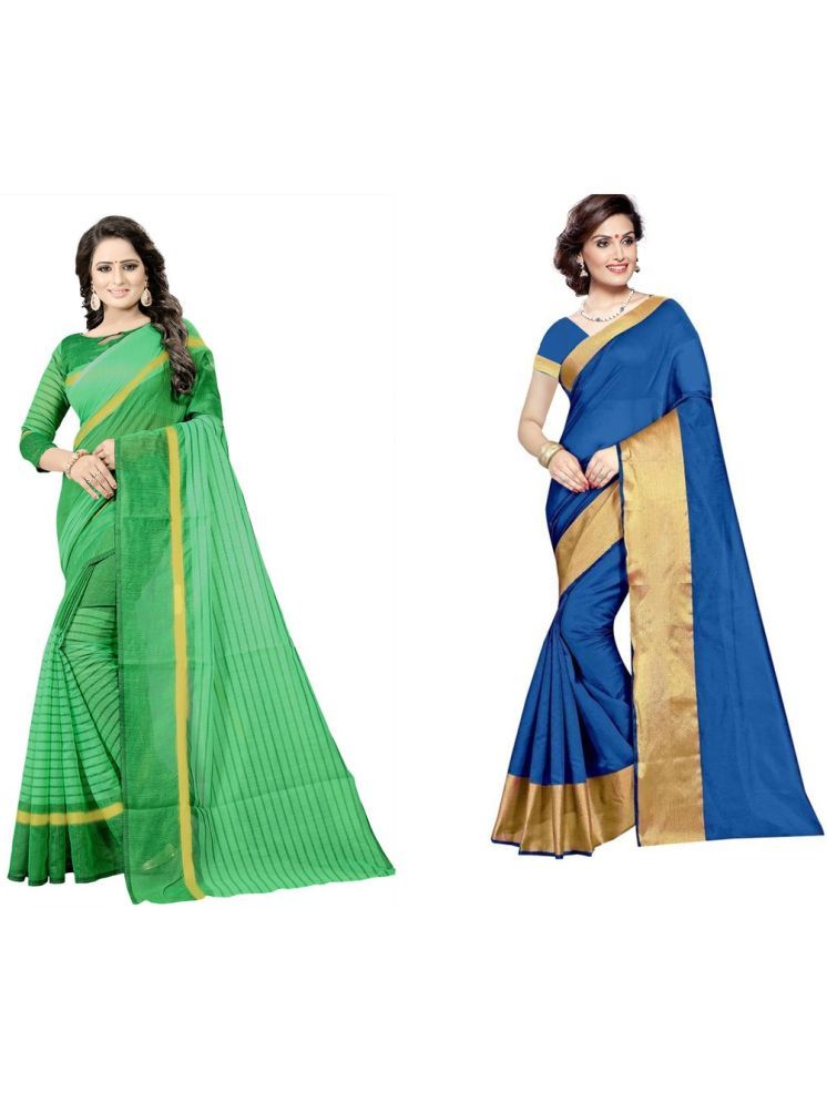     			Samai Cotton Silk Striped Saree With Blouse Piece - Multicolor3 ( Pack of 2 )