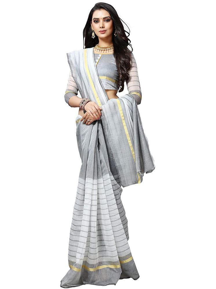     			Samai Cotton Silk Striped Saree With Blouse Piece - White ( Pack of 1 )