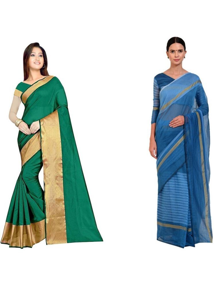     			Samai Cotton Silk Striped Saree With Blouse Piece - Multicolor4 ( Pack of 2 )