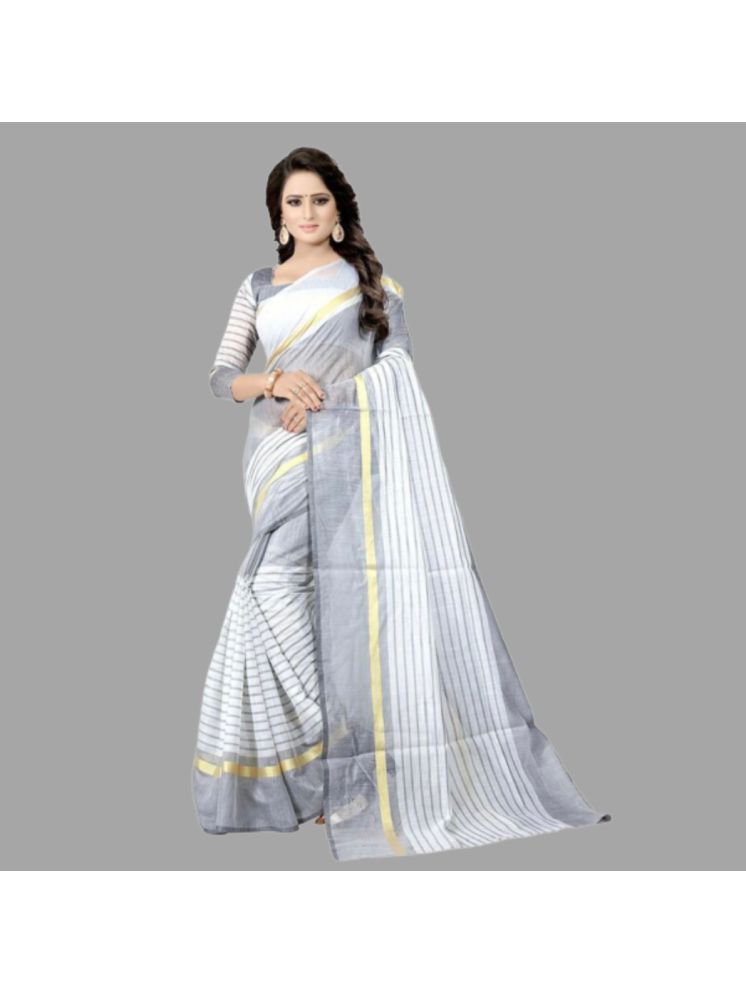     			Samai Cotton Silk Striped Saree With Blouse Piece - Silver ( Pack of 1 )