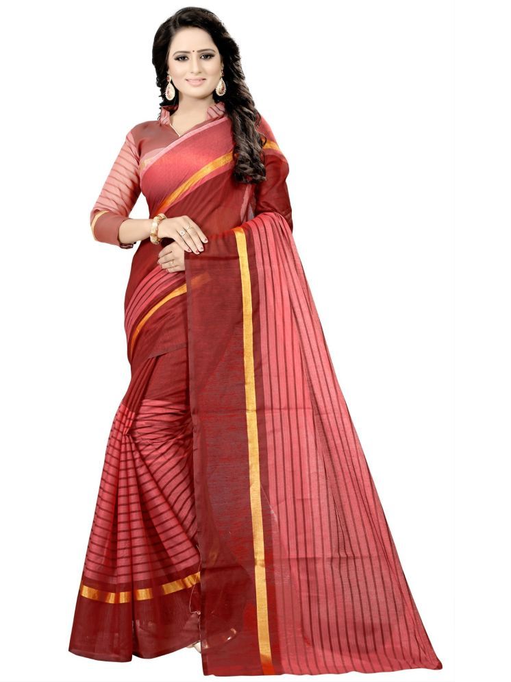     			Samai Cotton Silk Striped Saree With Blouse Piece - Maroon ( Pack of 1 )