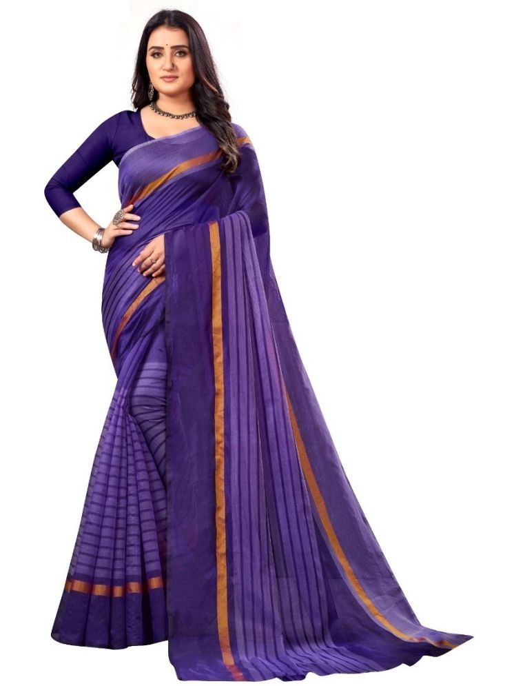     			Samai Cotton Silk Striped Saree With Blouse Piece - Purple ( Pack of 1 )