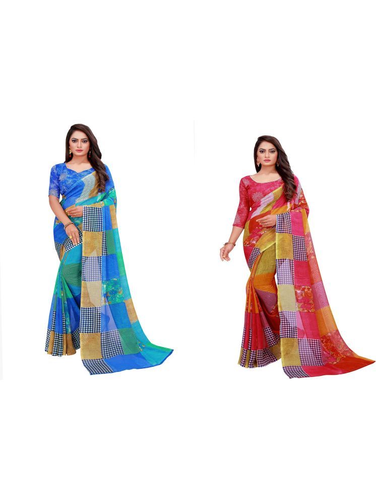     			Samai Georgette Printed Saree With Blouse Piece - Multicolor ( Pack of 2 )