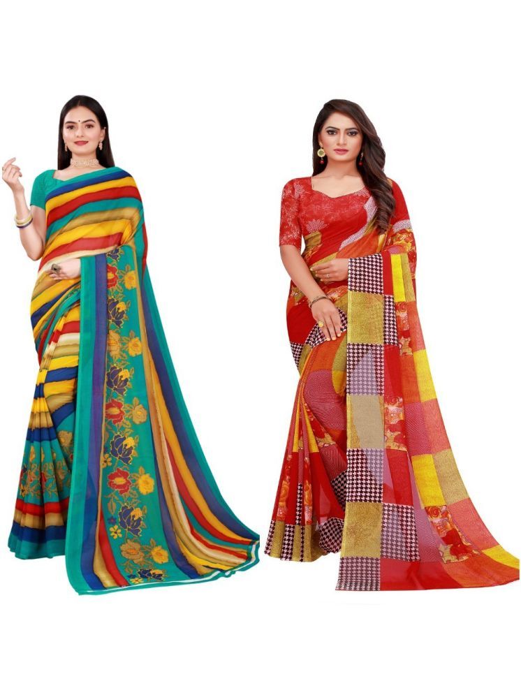     			Samai Georgette Printed Saree With Blouse Piece - Multicolor ( Pack of 2 )