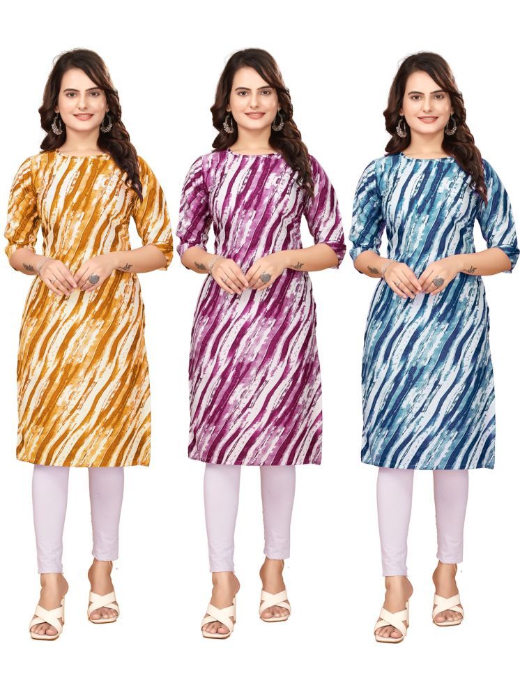     			VACHHARAJ GROUP Crepe Printed Straight Women's Kurti - Yellow,Purple,Blue ( Pack of 3 )