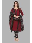 shree jeenmata collection Cotton Printed Kurti With Pants Women's Stitched Salwar Suit - Maroon ( Pack of 1 )