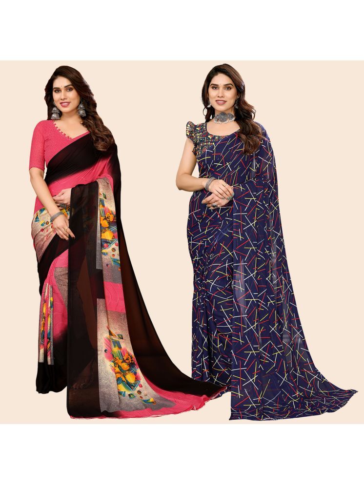     			Kashvi Sarees Georgette Printed Saree With Blouse Piece - Multicolor ( Pack of 2 )