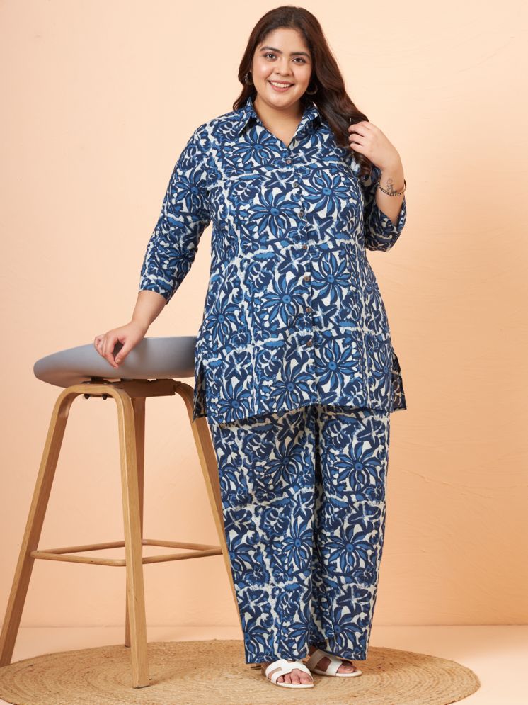     			Tissu Navy Blue Printed Palazzo Top Set