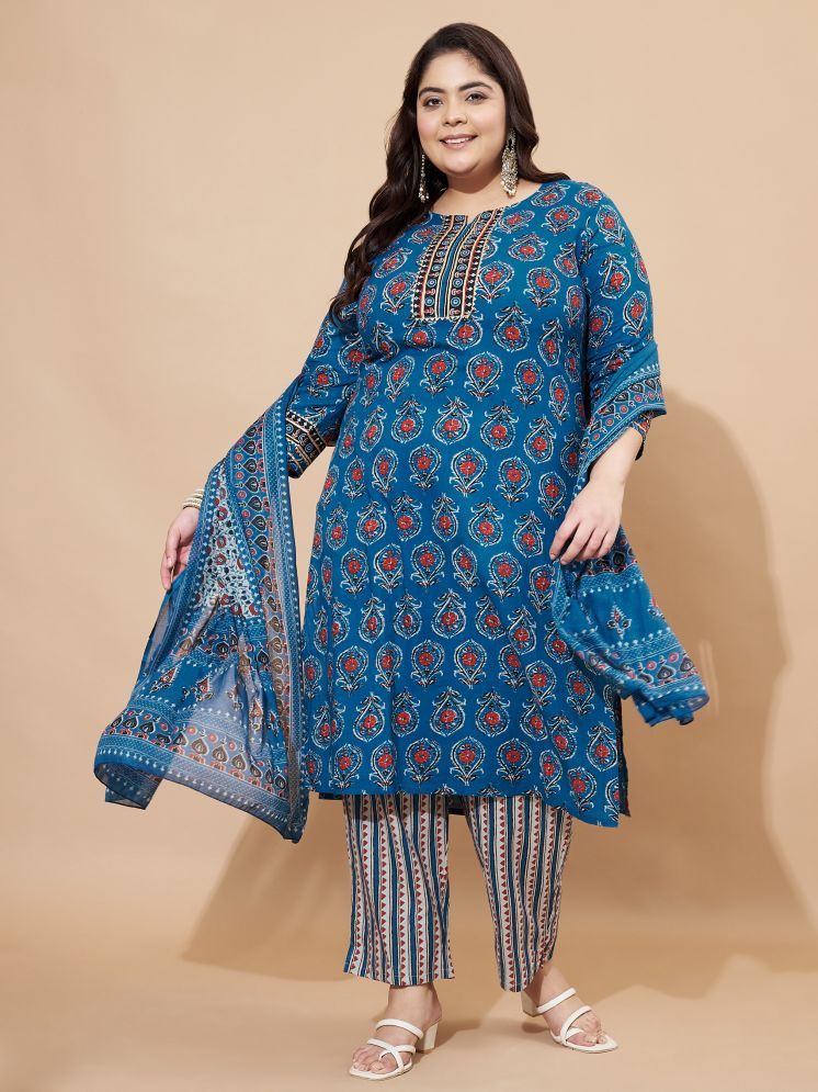     			Vbuyz Cotton Blend Printed Kurti With Pants Women's Stitched Salwar Suit - Blue ( Pack of 1 )