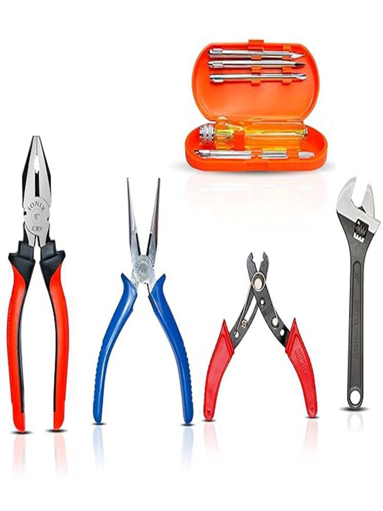     			MS ENTERPRISE tool set for home use with combination pliers, Nose Plier, Wire cutter and 8 piece Screw driver set, Pack of 4, Multicolor