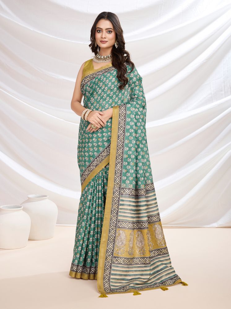     			Rekha Maniyar Cotton Blend Printed Saree With Blouse Piece - Green ( Pack of 1 )