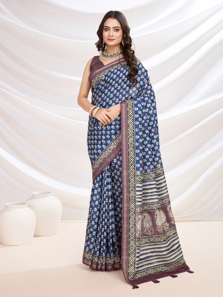     			Rekha Maniyar Cotton Blend Printed Saree With Blouse Piece - Blue ( Pack of 1 )