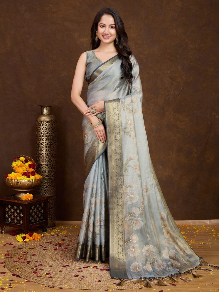     			Rekha Maniyar Silk Blend Printed Saree With Blouse Piece - Grey ( Pack of 1 )